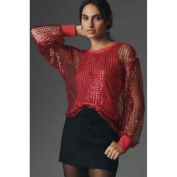 ANTHROPOLOGIE x PILCRO Long‎ Sleeve Sequin Mesh Top Raspberry Pink Size XL New - Picture 1 of 6